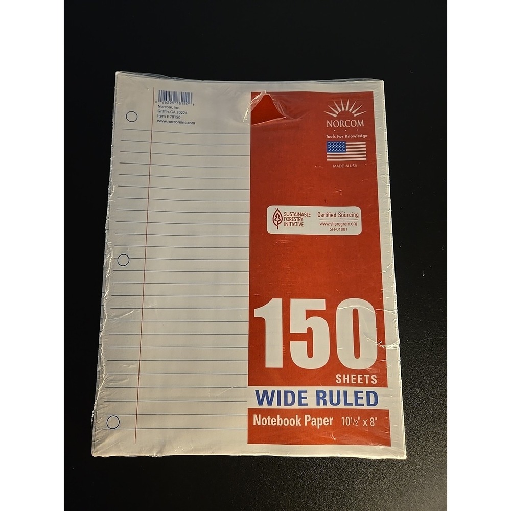 Notebook Paper 150 Sheets Wide‎ Rule 10-1/2" x 8" Norcom #78150